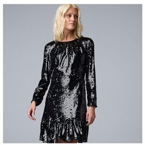Simply Vera Vera Wang Womens Black Long Sleeve Short Sequin Dress NWT Cocktail